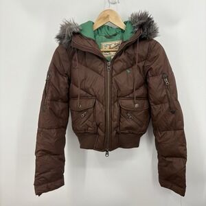 Vintage Abercrombie & Fitch Puffer Jacket Medium Down Cropped Faux Fur Hood Y2K